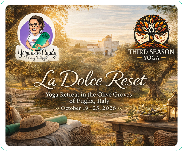 Yoga retreat poster in Puglia, Italy, featuring a serene countryside and a woman in meditation.